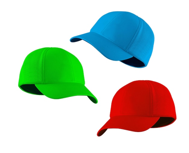 Sombreros de béisbol azules, rojos y verdes aislados sobre fondo blanco