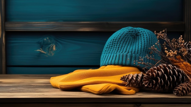 Sombreros y bufandas de punto a rayas naranjas y azules para las estaciones frías Hojas de arce y ropa cálida creada con tecnología de IA generativa