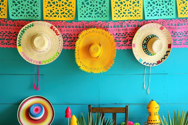 Foto sombreros coloridos em uma parede azul com decorações festivas