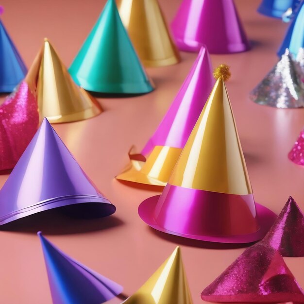 Sombreros de fiesta cerca de los suministros de cumpleaños