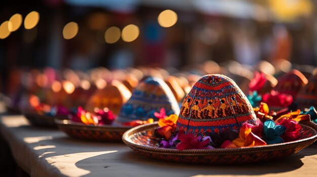 Foto sombreros y maracas de colores a la venta en un papel tapiz