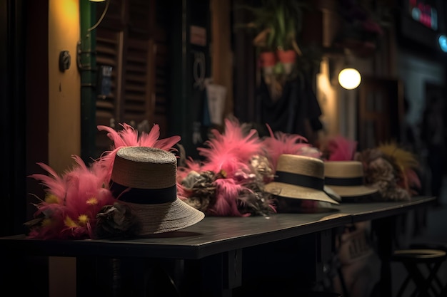 Sombreros en una mesa con plumas rosas en ellos