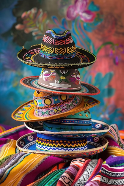 Sombreros mexicanos apilados sobre un fondo colorido México Tonado