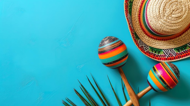 Sombreros mexicanos e folhas de palmeira em fundo azul