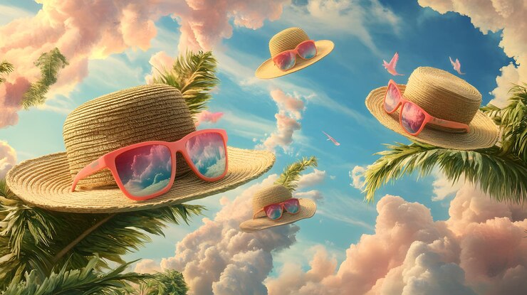 Sombreros de paja y gafas de sol flotando en un cielo tropical