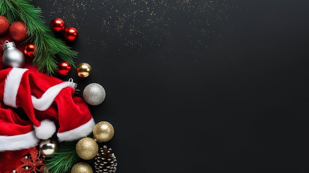 sombreros de Santa Claus bolas de Navidad y decoración festiva en un fondo negro