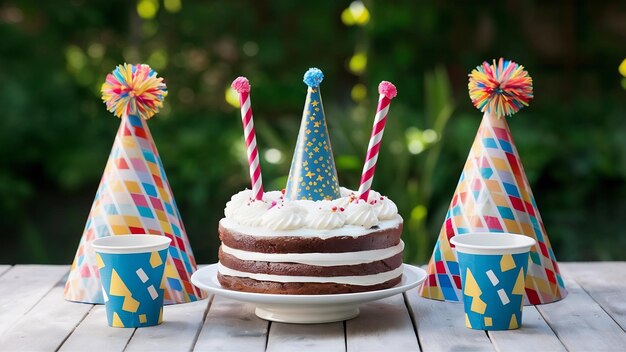 Sombreros y tazas de fiesta cerca del pastel