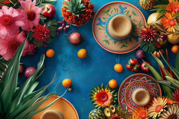 Los sombreros tradicionales mexicanos, las flores brillantes y las decoraciones festivas adornan una mesa animada