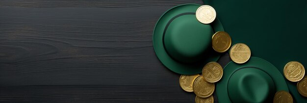 Sombreros verdes planos y monedas de oro con generoso espacio vacío para personalización