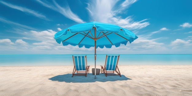 Sombrilla azul con sillas de playa sobre fondo de cielo azul de playa tropical IA generativa