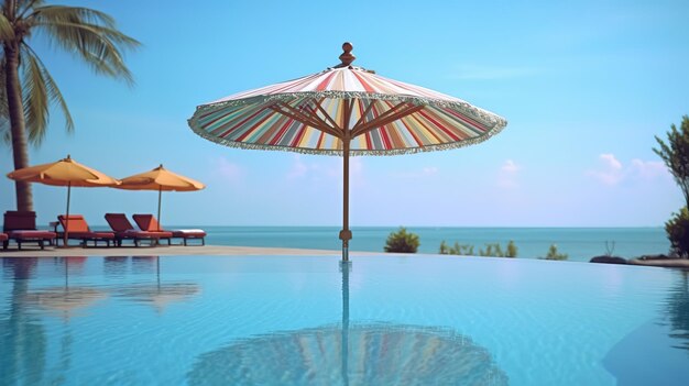 Una sombrilla de colores está al lado de una piscina con una playa al fondo.