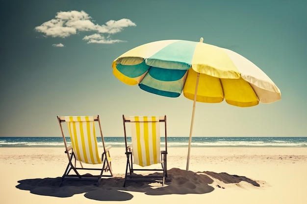 Sombrilla y dos sillas en la playa preparadas para tomar el sol junto al agua