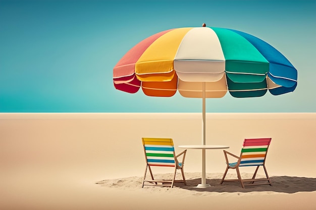 Sombrilla y dos sillas en la playa preparadas para tomar el sol junto al agua