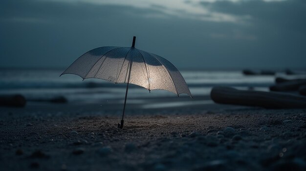 Una sombrilla está en la playa y el sol brilla sobre la sombrilla.