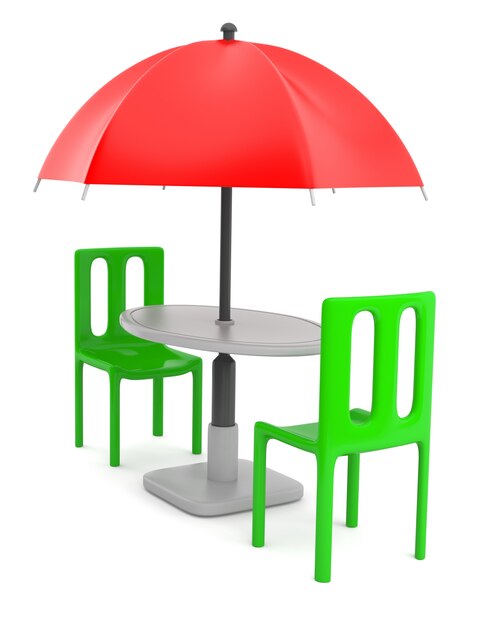 Sombrilla exterior con mesa y dos sillas.