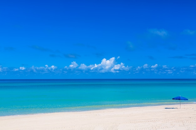 Sombrilla de playa azul en la playa tropical