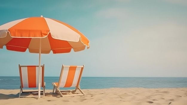 Sombrilla de playa naranja con sillas en la playa de arena tema de vacaciones de verano encabezado arte generado por red neuronal