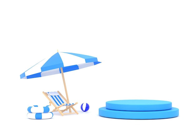 Sombrilla de playa pelota de playa anillo de natación y silla de playa Concepto de vacaciones y viajes de verano