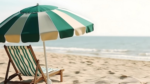 Sombrilla de playa con silla en la playa de arena tema de vacaciones de verano encabezado arte generado por red neuronal