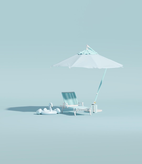 Sombrilla de playa con sillas y accesorios de playa flamenco inflable sobre fondo azul pastel