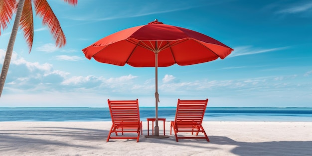 Sombrilla roja con sillas de playa en la playa tropical Fondo de cielo azul IA generativa