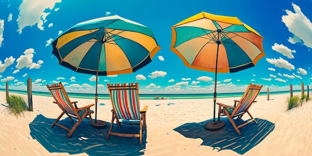 Sombrillas y sillas de playa en un día soleado IA generativa