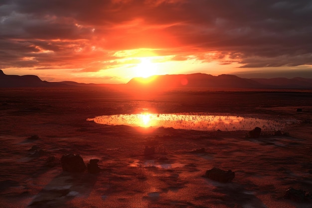 Un sombrío atardecer sobre la desolada zona de pruebas nucleares creada con una IA generativa