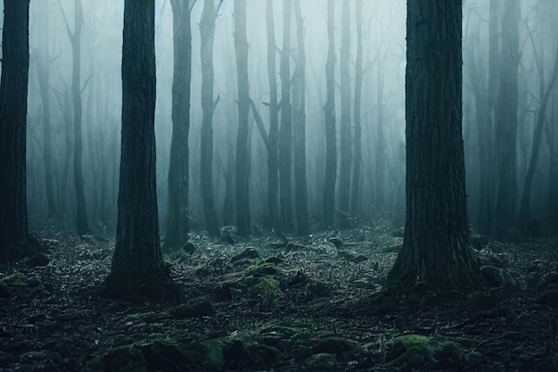 Sombrío y espeluznante paisaje de bosque oscuro y brumoso Fondo de bosque de terror misterioso surrealista