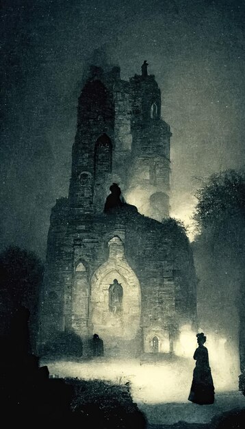 Sombrío paisaje oscuro antiguo estilo fotográfico victoriano Fantasmas en ruinas de iglesias abandonadas Ilustración 3D
