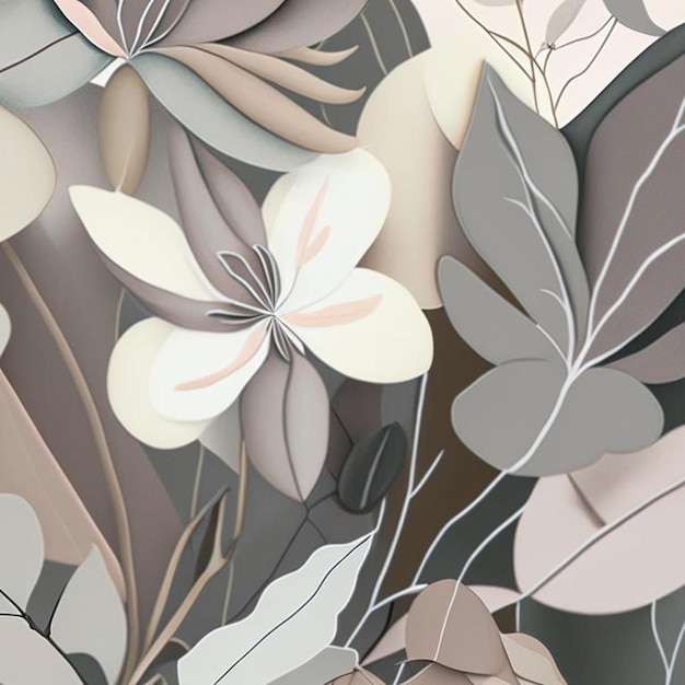 Sombros suaves de cinza e rosa flores com caules e folhas fundo de arte aquarela