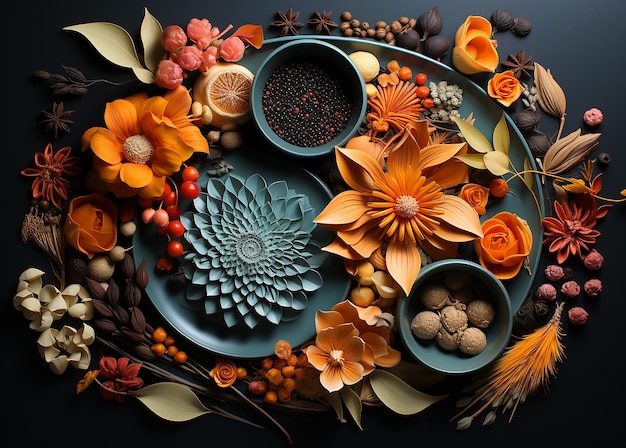 Foto some_foods_flowers_and_diya_in_the_center_of_a_black