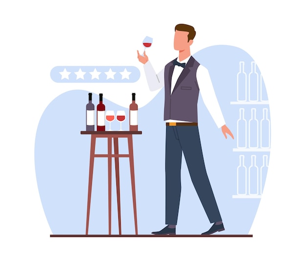 Sommelier degusta el vino de la copa evaluando su calidad Bebida alcohólica de uva Hombre sostiene la copa de vino Experto profesional y crítico revisando bebidas Concepto de vector aislado plano de dibujos animados