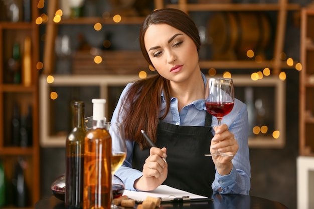 Foto sommelier feminina trabalhando em adega