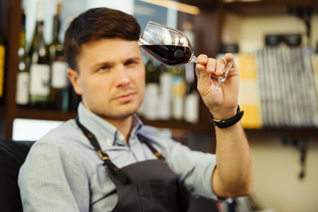 Sommelier masculino provando vinho tinto e fazendo anotações Profissão na vinificação