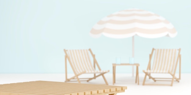 Sommer abstrakter unscharfer Hintergrund Strandtisch mit Sonnenschirm und Sonnenliege