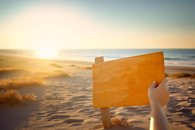 Sommer-Attrappe leeres Brett auf sonnigem Meeresstrand-Hintergrund generative KI