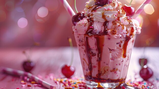 Foto sommer-eis-sundae mit kirschen und schokolade