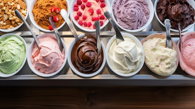 Sommer-Eisbuffet mit einer Vielzahl von Aromen und süßen Toppings Generative KI