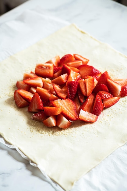 Sommer-Erdbeer-Galette mit Mandelflocken bei der Herstellung von Speisenzubereitungskonzept