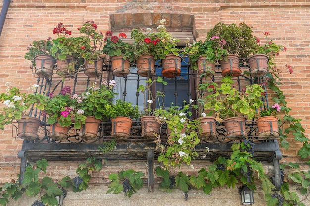 Sommer, Fassade des Altbaus mit Blumentöpfen. Tourismus in Zentralspanien, typische Pflanzendekoration