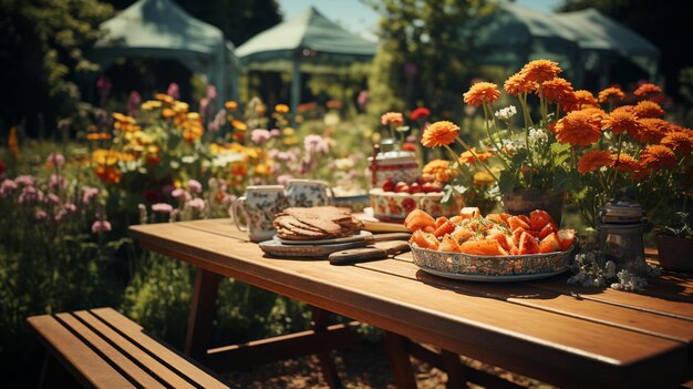 Sommer-Garten-Piknik-Tisch mit Blumen Generative Ai