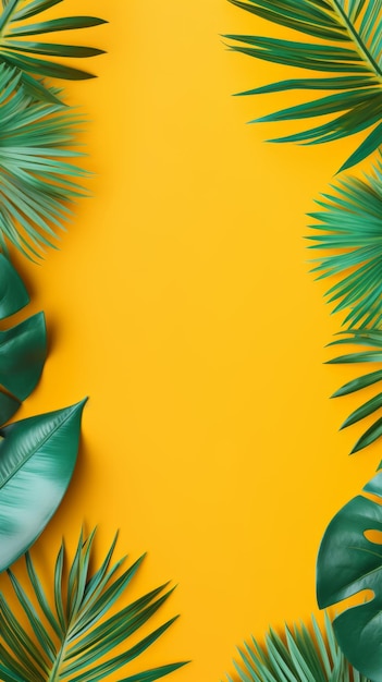Sommer-Hintergrund von üppig grünen tropischen Blättern kontrastiert gegen einen lebendigen gelben Hintergrund
