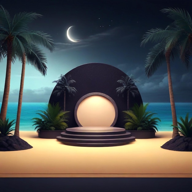 Sommer-Hintergrund Vorlage-Komposition mit Podiumsbühne Palmen und Strandobjekte Dunkle Szene