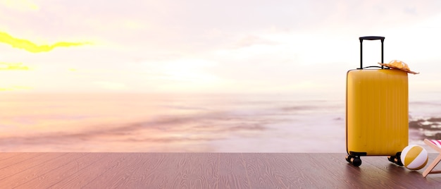 Sommer Kopie Raum Koffer Strand Hut Strandball auf Holzsteg mit schönem Blick auf den Sonnenuntergang Strand