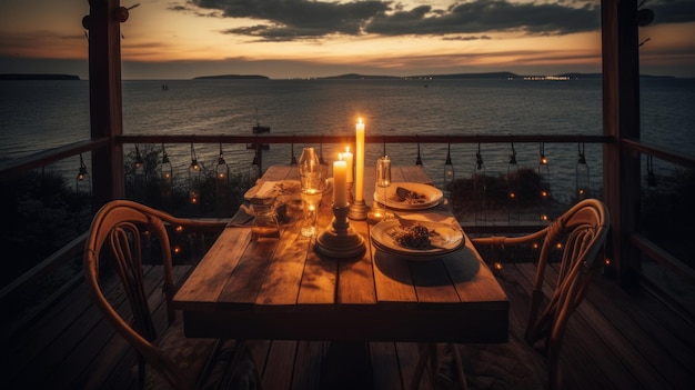 Sommer Meer Sonnenuntergang Romantisches Picknick am Strand Flasche Weingläser Kerzen Plaid und Kissen AI generiert