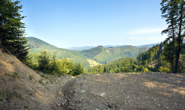 Sommer neblige Berglandschaft mit Wald am Hang und an Landstraße.