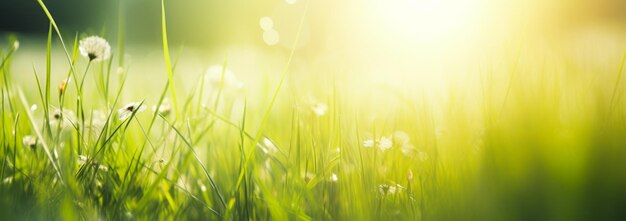 Sommer- oder Frühlingsgrüner Hintergrund Grünes Gras Taus Sonnenschein Grünheit Natur Banner KI-Generation