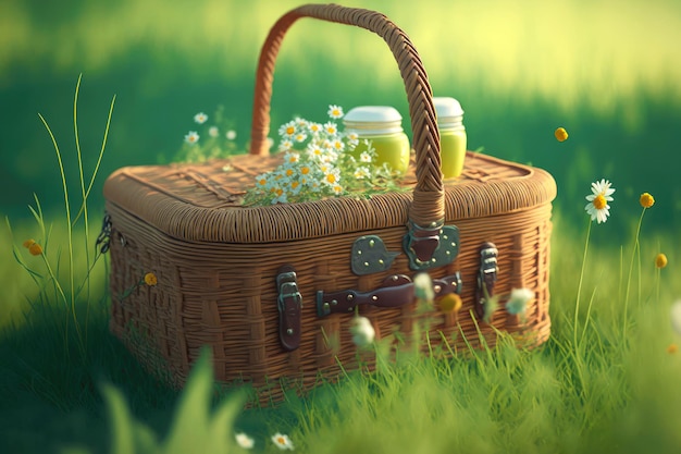 Sommer-Picknickkorb auf Gras mit Blumen und Honig