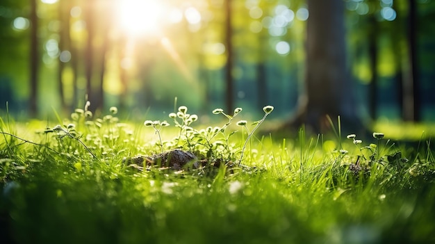 Sommer Schöner Frühling perfekter natürlicher Landschaftshintergrund Defokussierte grüne Bäume im Wald mit wildem Gras und Sonnenstrahlen