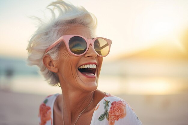 Sommer Schönheit Lebensstil Glück Frauen Sonnenbrille Erwachsene Lächeln Porträt Freizeit Strand fröhliche Frau draußen glücklich im Ruhestand attraktive Person Meer